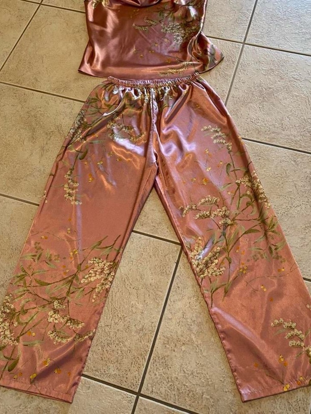Satin Floral Lounge Pants Set - Rose Gold